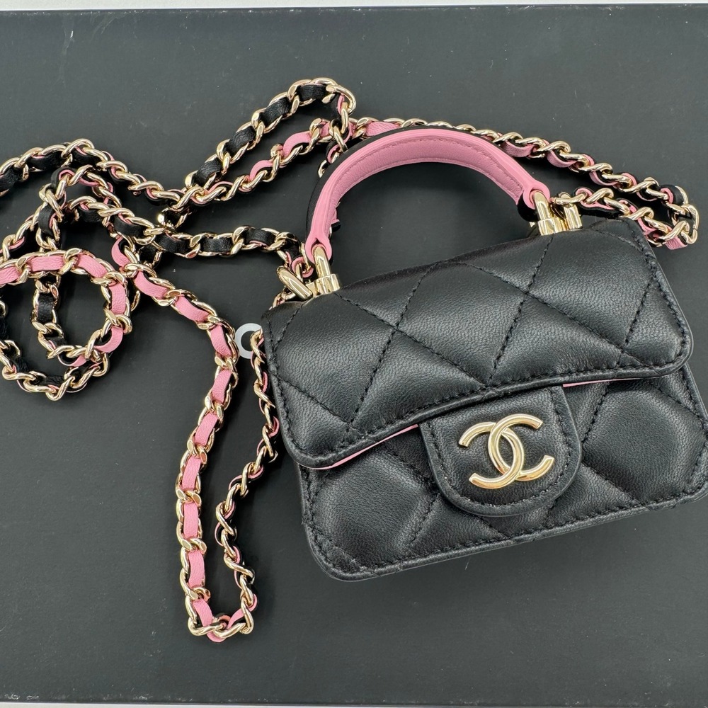 Chanel Black Pink Quilted Lambskin Extra Mini Top Handle Flap Bag GHW
